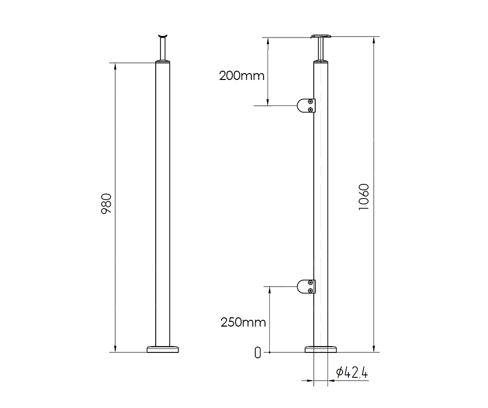 Pfosten Ø 42,4 mm 1060 mm Ecke AISI 304 satiniert