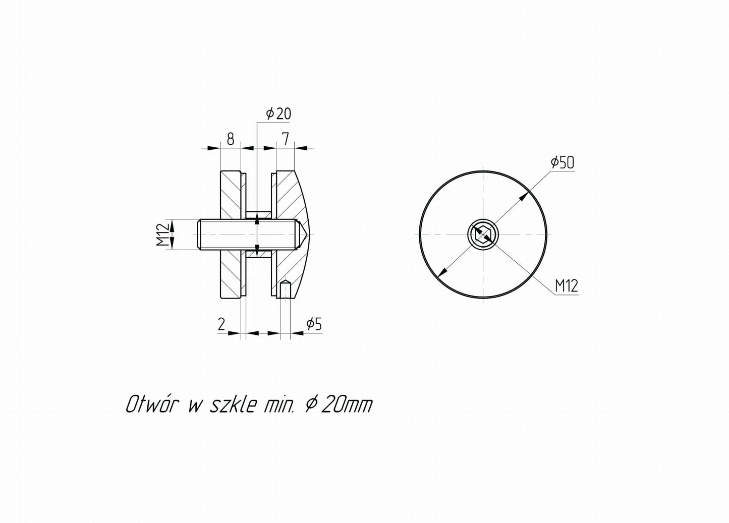 Glas-Adapter Ø 50 mm, Gewinde M12, AISI 304, SATIN