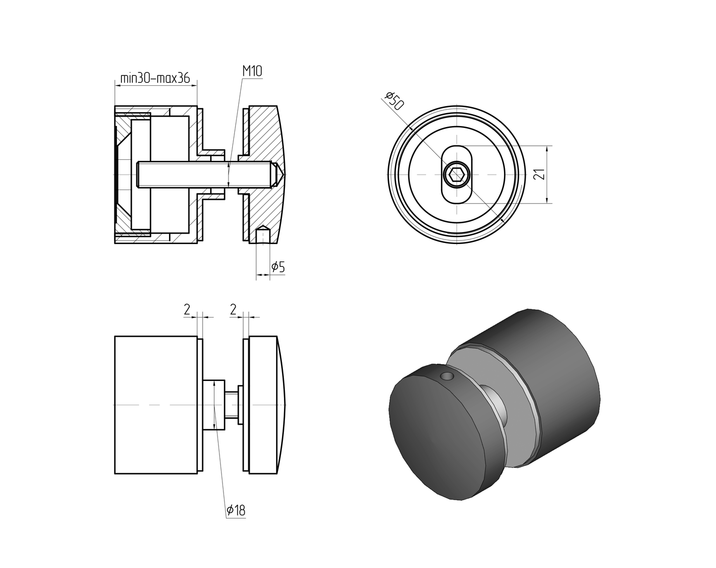 Glas Adapter 50/30 mm, Abstand verstellbar, AISI 304, SATIN