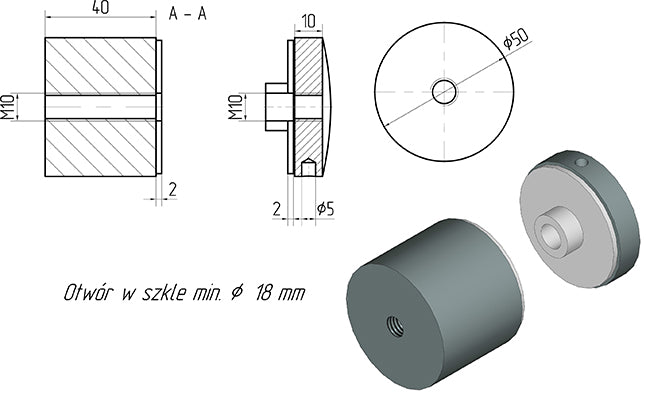 Glashalter Ø 50 / 40 mm, M10, Edelstahl AISI 304, RAL 9005 matt