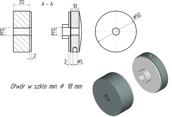 Glashalter Ø 50 / 20 mm, M10, Edelstahl AISI 304, RAL 9005 matt