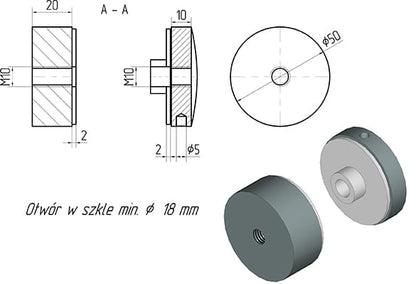 Glashalter Ø 50 / 20 mm, M10, Edelstahl AISI 304, RAL 9005 matt
