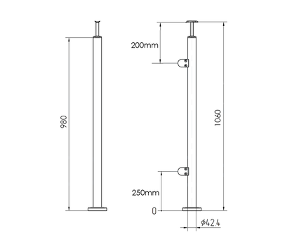 Pfosten Ø 42,4 mm 1060 mm Ecke AISI 304 satiniert