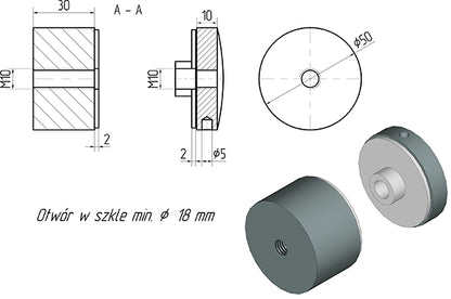 Glas-Adapter-50-30mm-M10-AISI-304-RAL-9003-matt