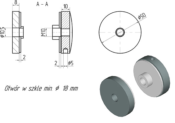 Glashalter Ø 50 / 8 mm, M10, Edelstahl AISI 304, RAL 9005 matt