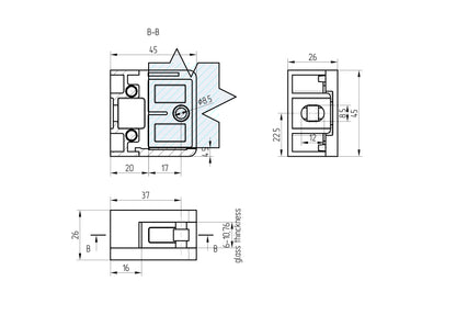Glas Klemme 45x45 mm für Flach, AISI 304, SATIN