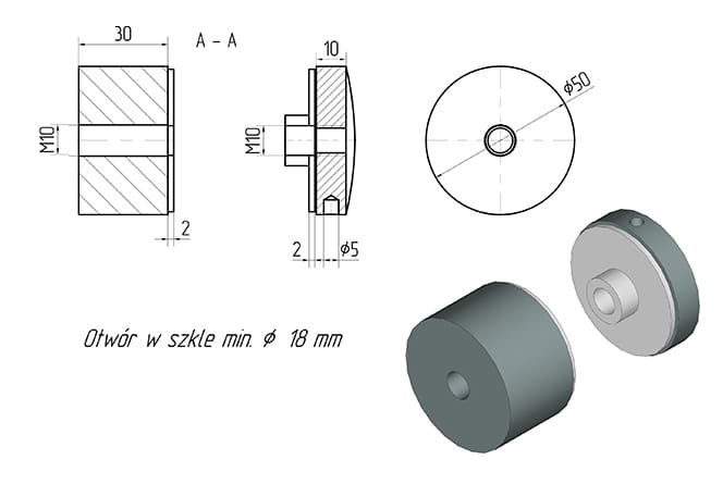 Glas Adapter 50-30mm Gewinde M10 AISI-304 MIRROR