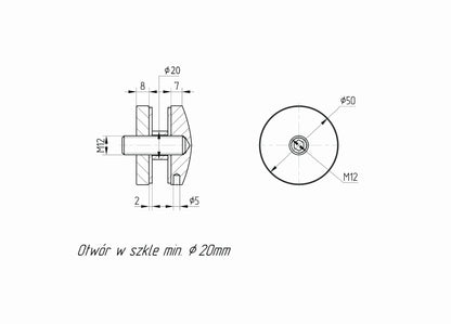 Glas-Adapter Ø 50 mm, Gewinde M12, AISI 304, SATIN