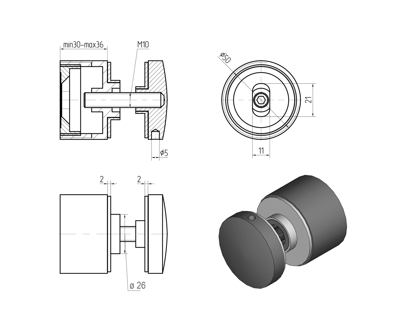 Glas Adapter 50/30 mm, Abstand verstellbar, AISI 304, SATIN