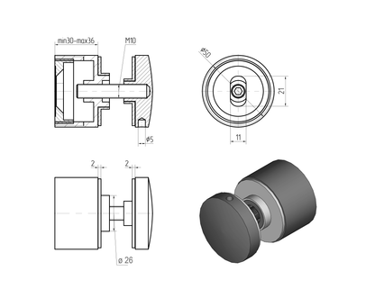 Glas Adapter 50/30 mm, Abstand verstellbar, AISI 304, SATIN