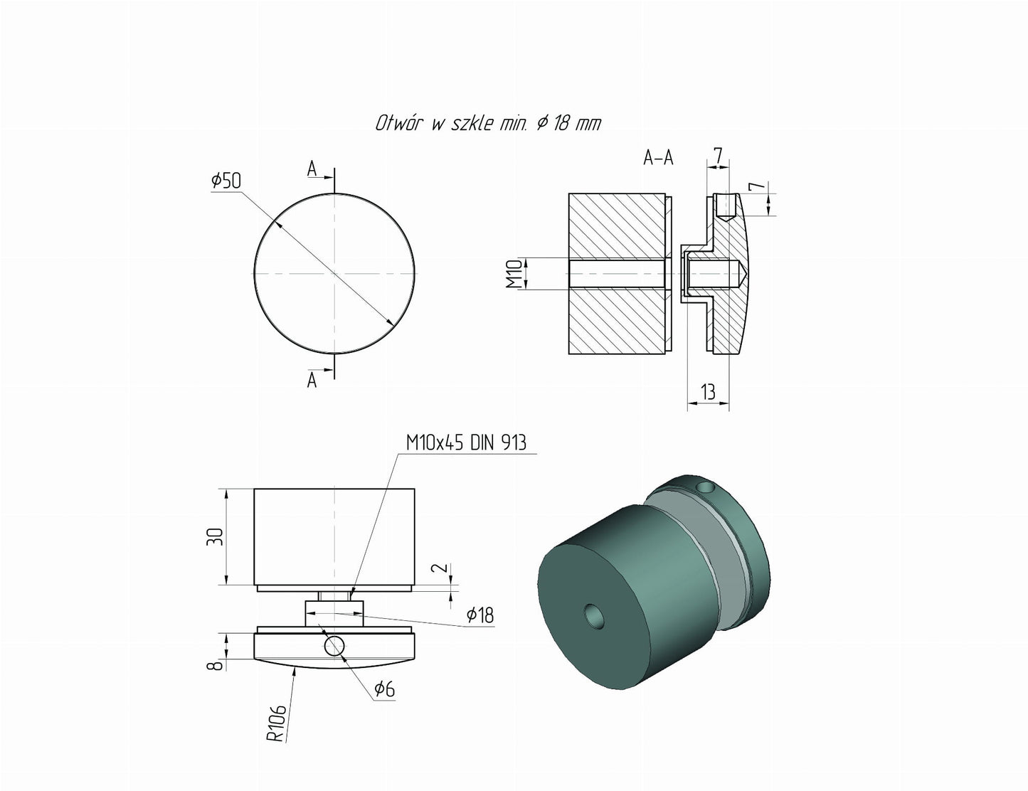Glas-Adapter 50-30mm Bohrung 10mm AISI 304 SATIN
