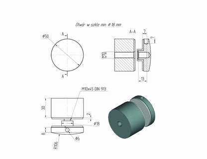 Glas-Adapter 50-30mm Bohrung 10mm AISI 304 SATIN
