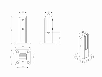 SPIGOT 50x50 mm H=182 mm Glas 12–17,52 mm AISI 304 satiniert