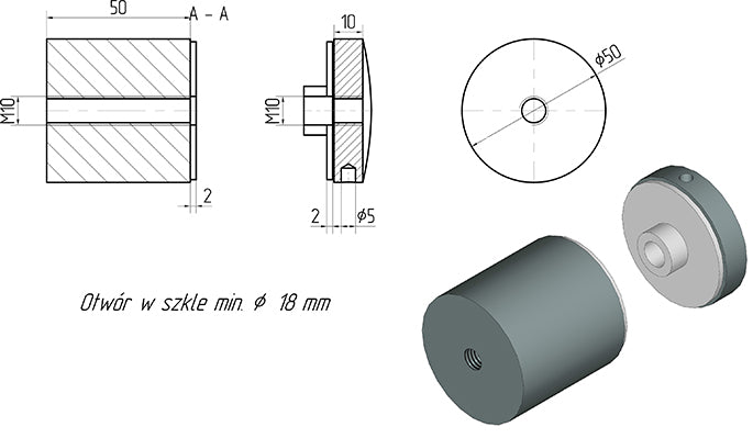 Glashalter Ø 50 mm, Abstand 50 mm, mit Gewinde, Edelstahl AISI 304, RAL 9005 matt
