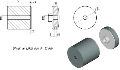 Glashalter Ø 50 mm, Abstand 50 mm, mit Gewinde, Edelstahl AISI 304, RAL 9005 matt
