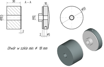 Glas-Adapter 50/30 mm, Bohrung 10,5 mm, AISI 304, SATIN