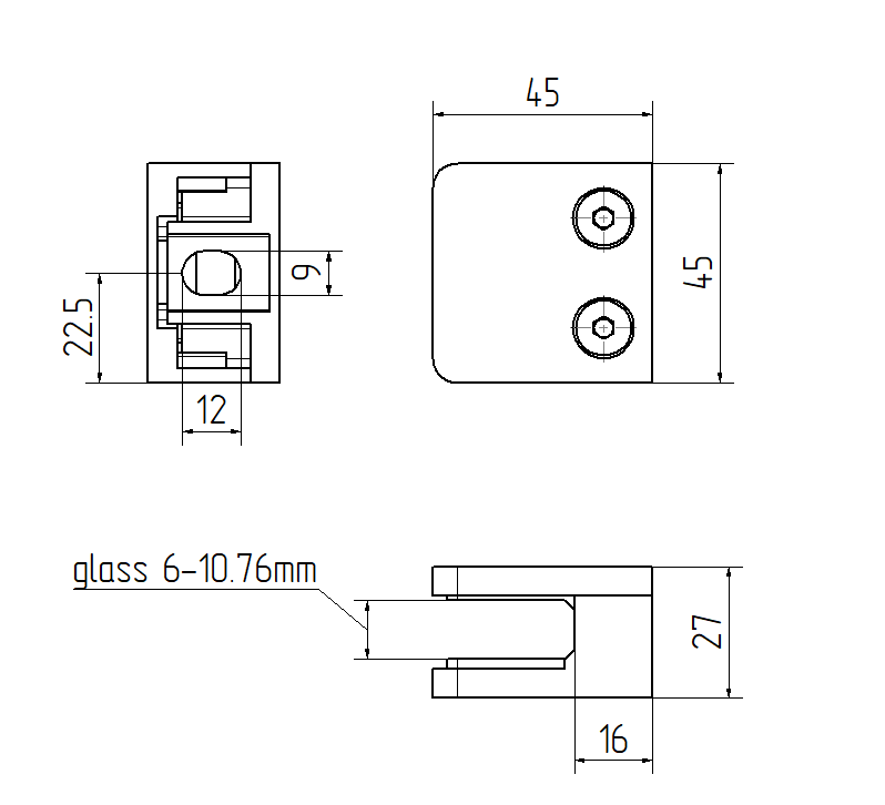 Glas Klemme 45x45 mm für Flach, AISI 304, SATIN