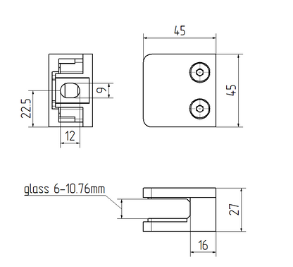 Glas Klemme 45x45 mm für Flach, AISI 304, SATIN