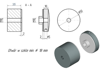 Glas‑Adapter 50/30 mm Gewinde M10, Edelstahl AISI 304, SATIN